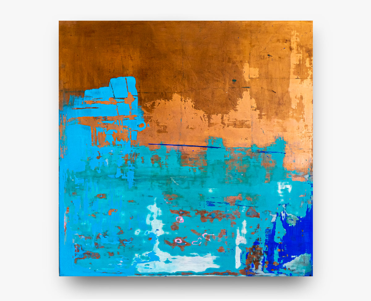 Copperfield, 2020, 50 cm x 50 cm,<br> Ölvergoldung mit Blattkupfer, Schellack, Pigmente auf Holz